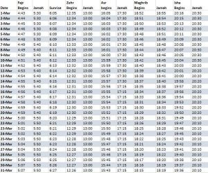 March Prayer Time – Masjid Ibrahim